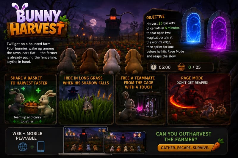 Bunny Harvest — twilight farm with four bunnies, the farmer, and two magical portals