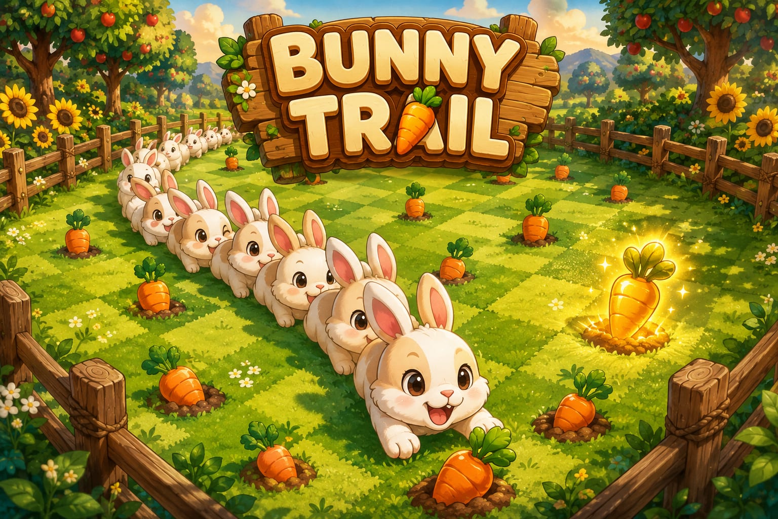 Bunny Trail — a parade of cartoon bunnies winds across a checkered orchard meadow toward a glowing golden carrot