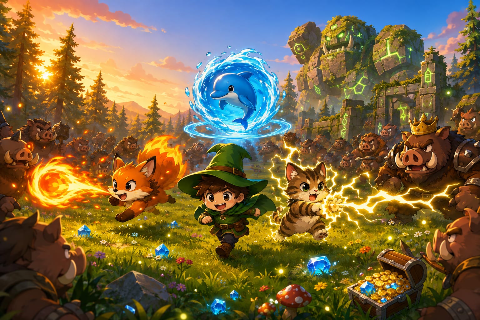 Monster Allies — a small wizard sprints through a sunlit meadow while a fire fox, a lightning cat and a water dolphin fight off a boar horde, a crowned elite and a waking stone colossus
