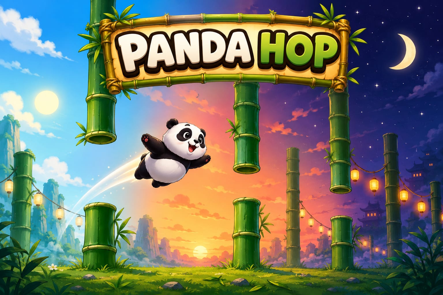 Panda Hop — a cartoon panda glides between tall bamboo gates as the sky shifts from day to dusk to starry night