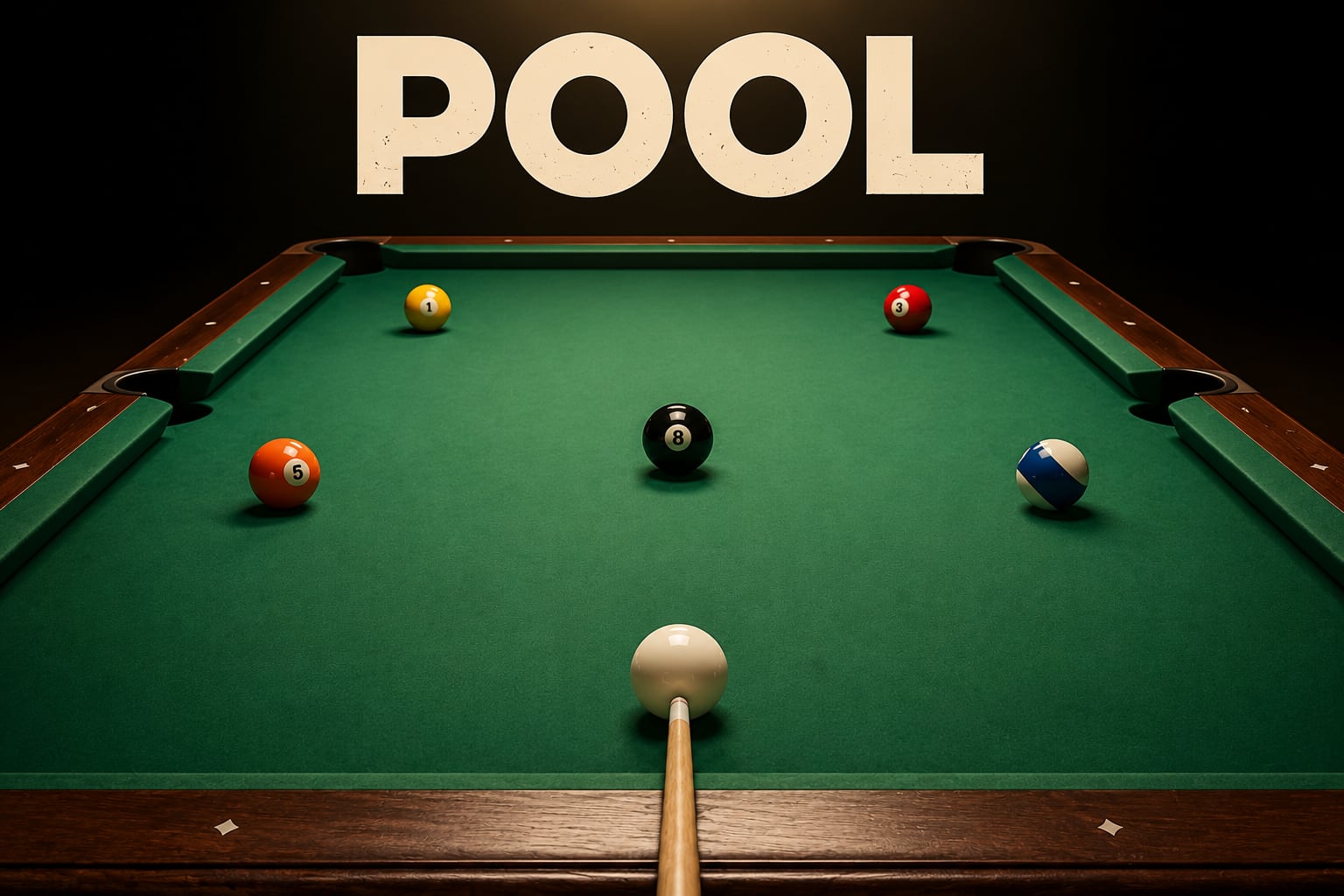 Pool — cue lined up on the white ball, looking down a green table at the 8-ball