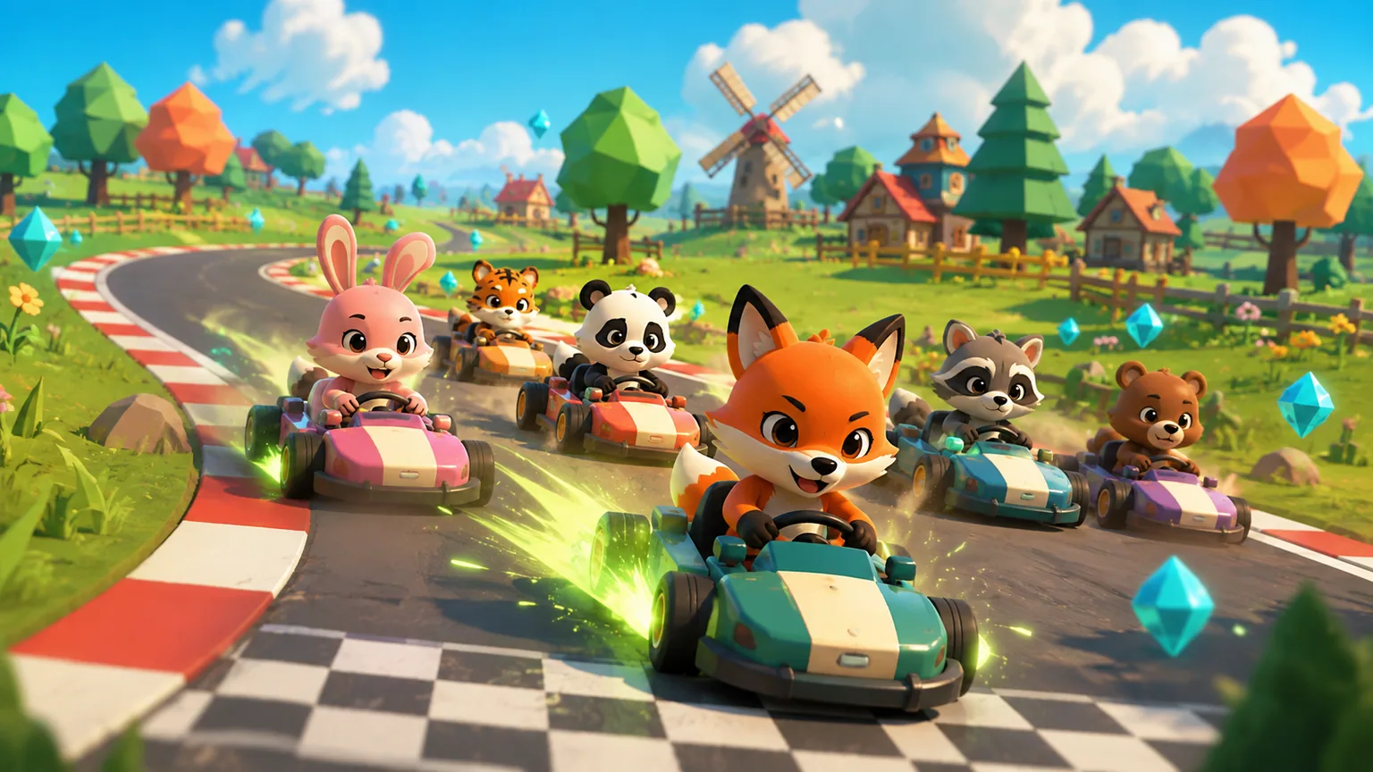 Turbo Tails — six original animal racers on the starting grid, karts lined up for the countdown