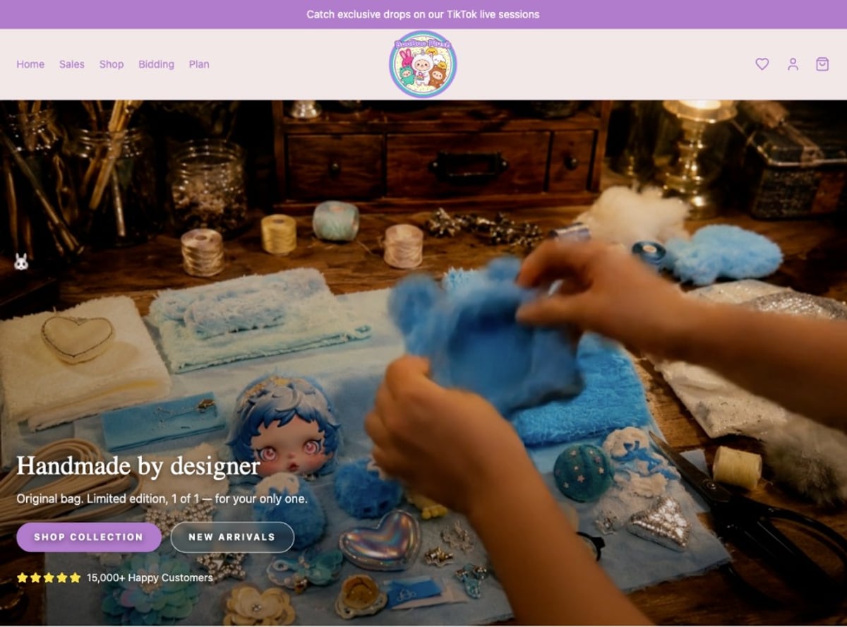 The BooBoo Plush storefront, showing the handmade studio hero and shop navigation