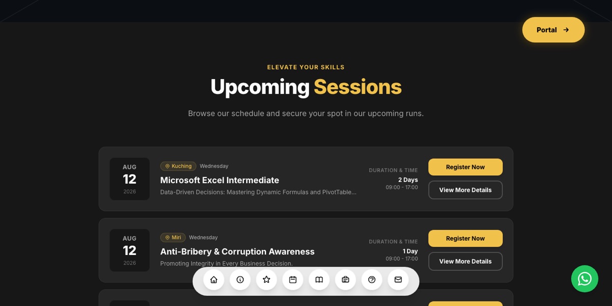 The BorneoInspire site, showing the upcoming training schedule with dates, locations and registration