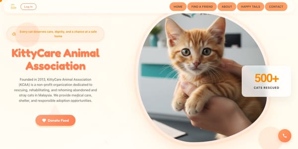 The KittyCare Animal Association site, showing the rescue's mission and its adoption call to action