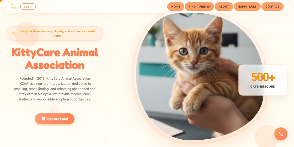 The KittyCare Animal Association site, showing the rescue's mission and its adoption call to action