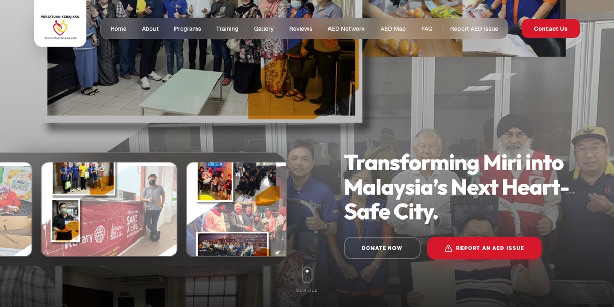 The Nyawa Miri site, showing the heart-safe city mission with donate and report-an-issue calls to action