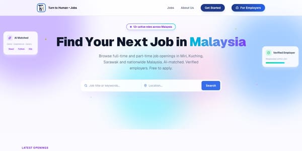 The TurnToHuman Jobs site, showing the candidate job search